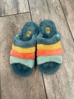 UGG Teal Fuzzy Slide Slippers with Yellow, Coral & Mint Stripes